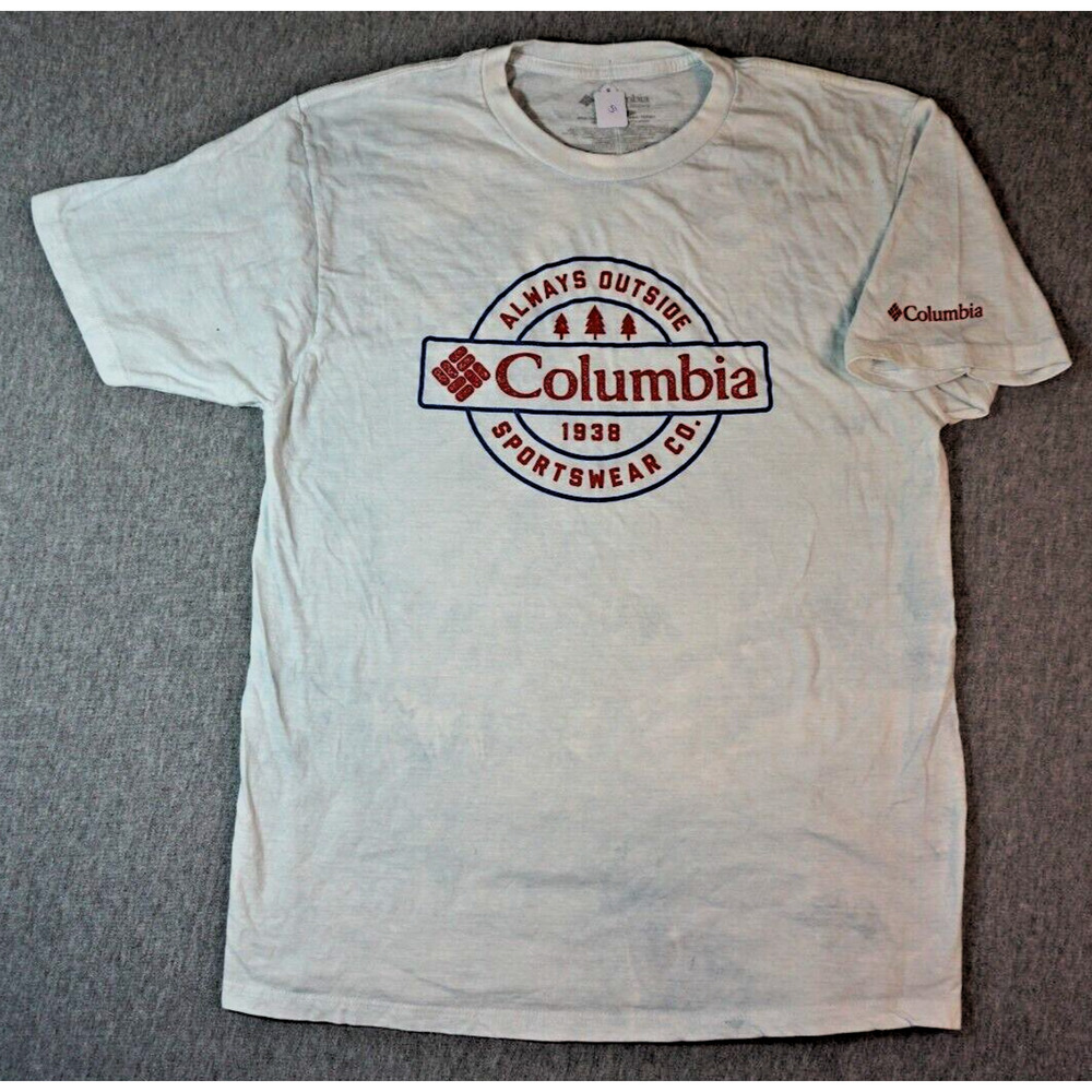 Columbia Men's white graphic T-shirt Always outside Sz M with distress fade